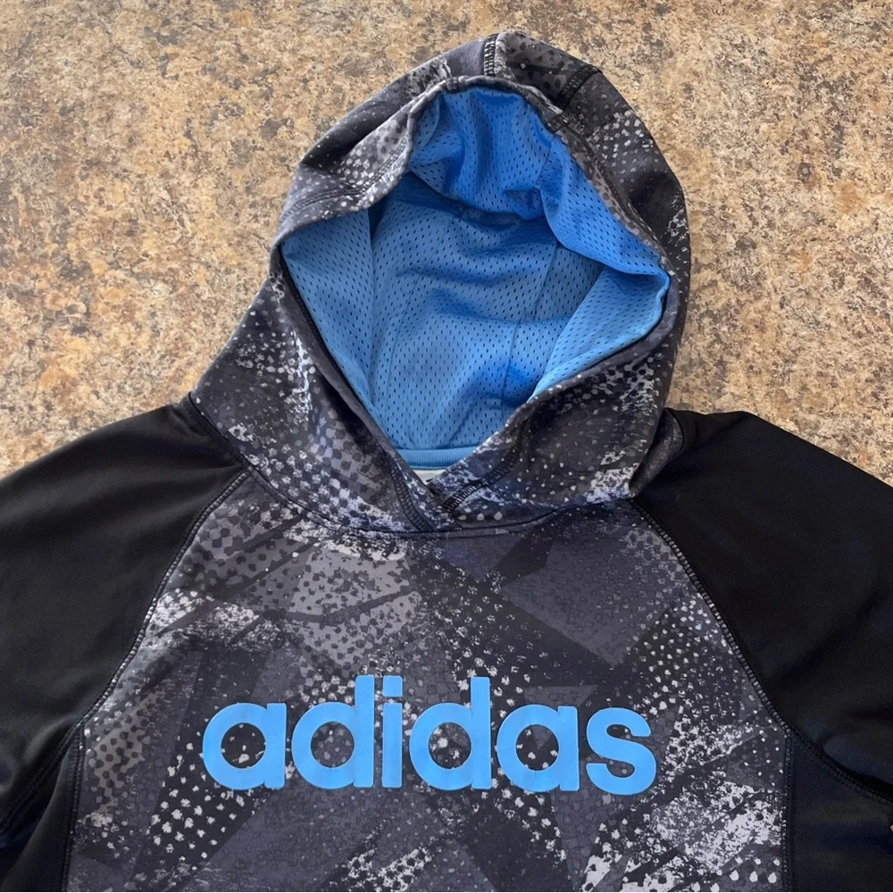 Adidas Boys CLIMAWARM Pullover Hoodie Sweatshirt Sz M 10/12 Black Blue Gray Camo